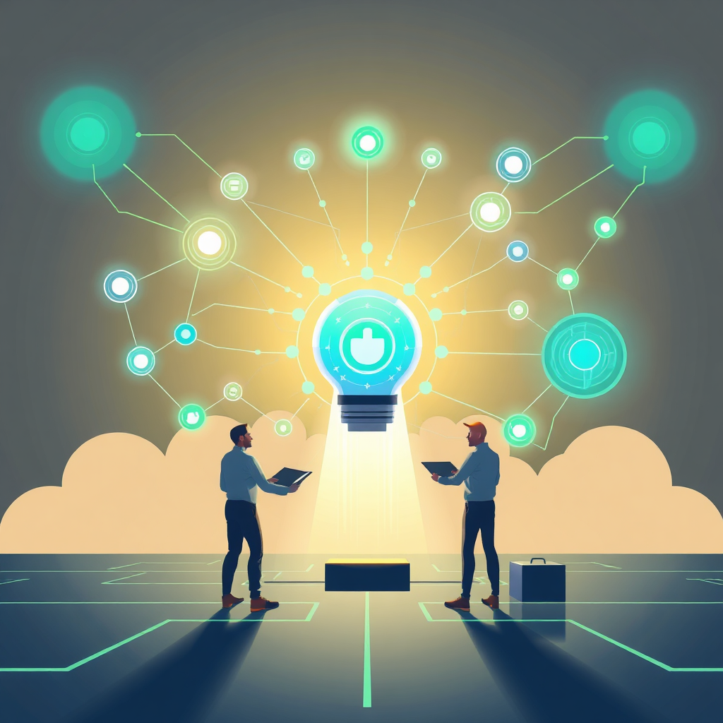 A stylized image depicting a team of experts building and launching an AI-powered system, with interconnected nodes and pathways representing the system's complexity. The background should be a minimalist design with a focus on efficiency and automation. The color palette should consist of vibrant greens and blues, signifying growth and innovation. The lighting should be sharp and focused, emphasizing the precision of implementation. The image conveys the idea of efficiency, automation, and teamwork. 4K resolution, high quality.