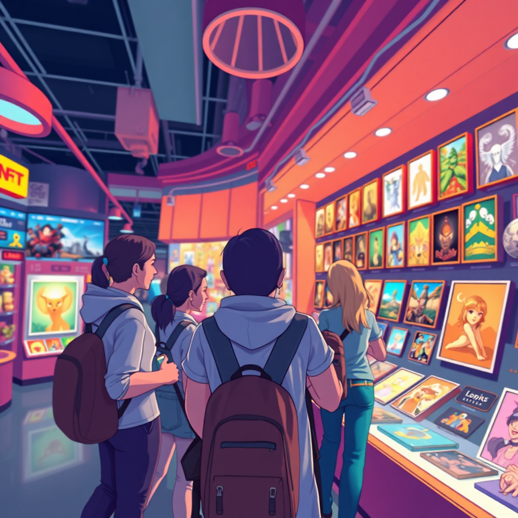 A stylized image depicting users browsing an NFT marketplace, showcasing digital artwork. Camera angle is a user’s POV. Color palette is bright and eye catching. 4K resolution, high quality.