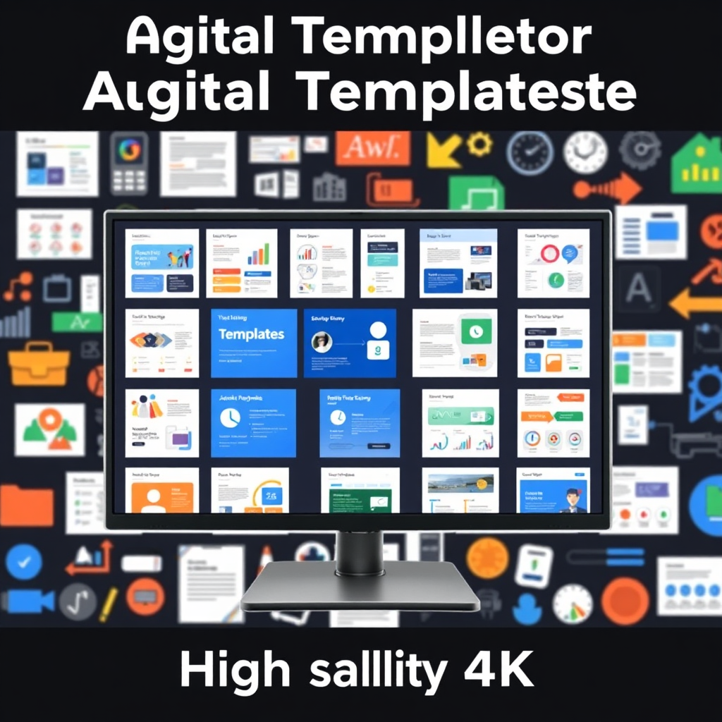 A stylized image displaying a variety of digital templates on a screen. The templates are clearly organized and visually appealing, representing the ease of use and efficiency they provide. The background shows a diverse range of business tools and resources. The overall style should be modern and tech-focused, conveying the power of automation and standardization. High quality, 4K resolution.