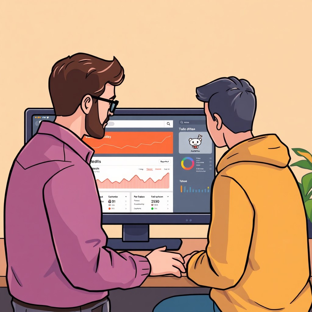 A stylized image featuring a mentor guiding a student through a digital interface displaying Reddit analytics. The scene conveys a sense of trust and collaboration. The color palette is warm and inviting. 4k resolution.