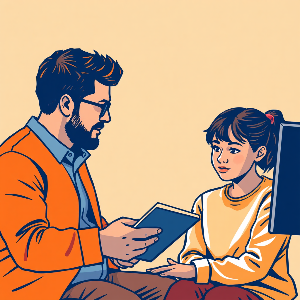 A stylized image of a coach guiding a student through a YouTube strategy session. The coach is sharing insights and tips, while the student is taking notes and implementing the advice. The color palette is warm and inviting, using oranges, yellows, and browns to create a sense of trust and collaboration. The composition is focused on the coach and student, highlighting the personalized nature of the coaching.