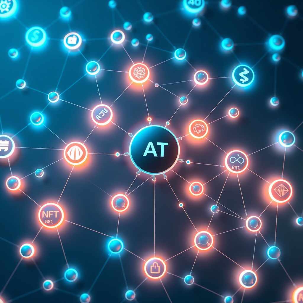 A stylized image of a complex network of interconnected nodes, each representing a different aspect of the AI art ecosystem. Nodes include AI generation, blockchain, NFT marketplaces, and digital art galleries. The network is bathed in a soft, blue glow. The camera angle is an overhead shot, emphasizing the interconnectedness of the system. 4K resolution, high quality.