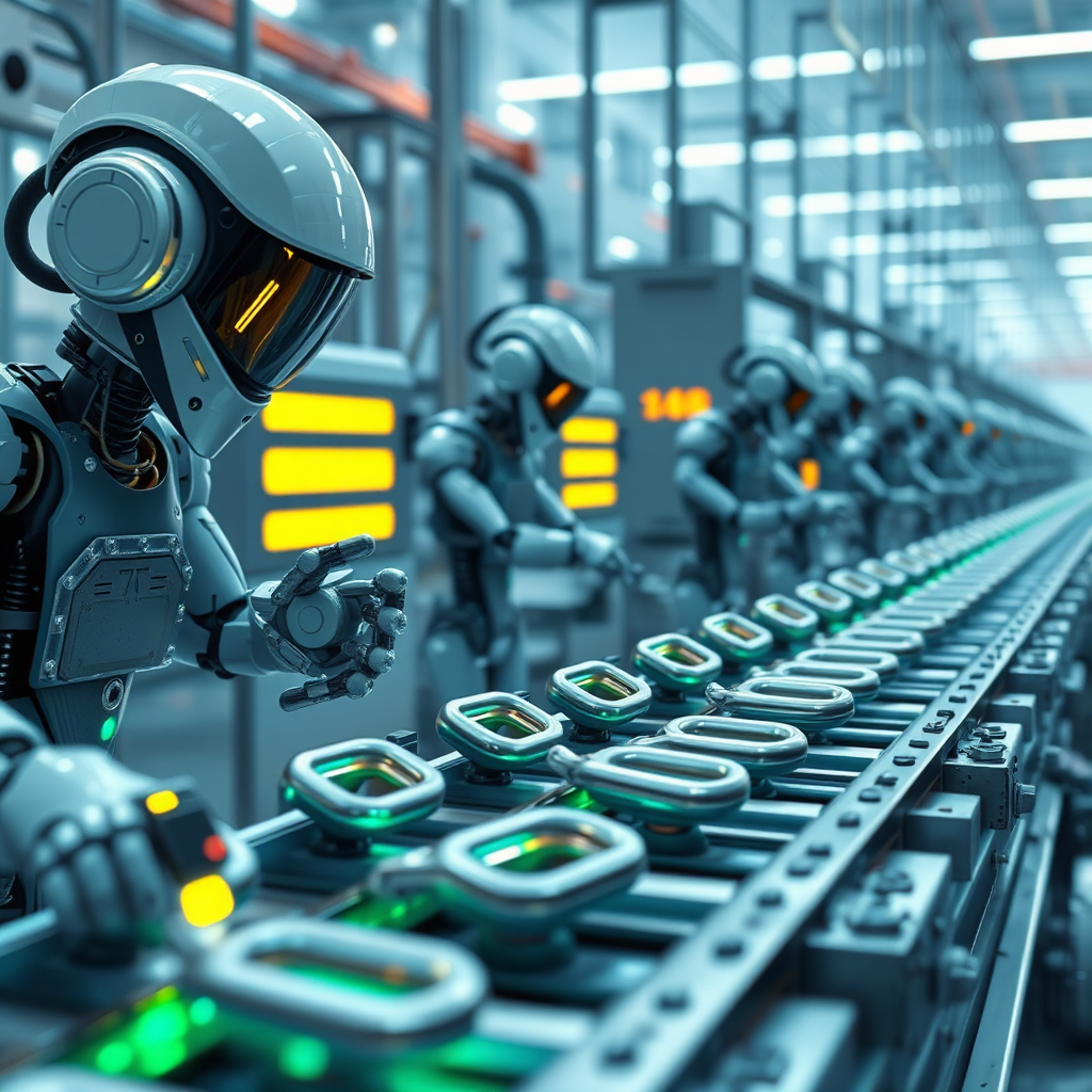 A stylized image of a futuristic factory producing glowing links on an assembly line. Robots are overseeing the process. The color palette should be cool and modern, with blues, silvers, and greens. The lighting should be bright and futuristic. Style references: Sci-fi, automation, industrial design. Technical specs: 4K resolution, high-quality rendering.