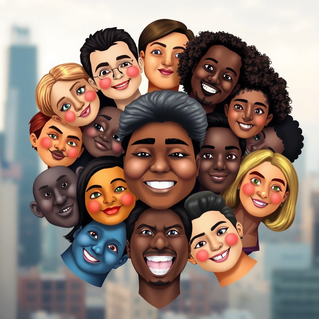 A stylized image of a group of diverse faces, each expressing a different emotion. The faces are arranged in a circular pattern, symbolizing the interconnectedness of human emotions. The background is a blurred, abstract representation of a cityscape. Technical specs: 4K resolution, high quality, soft lighting.