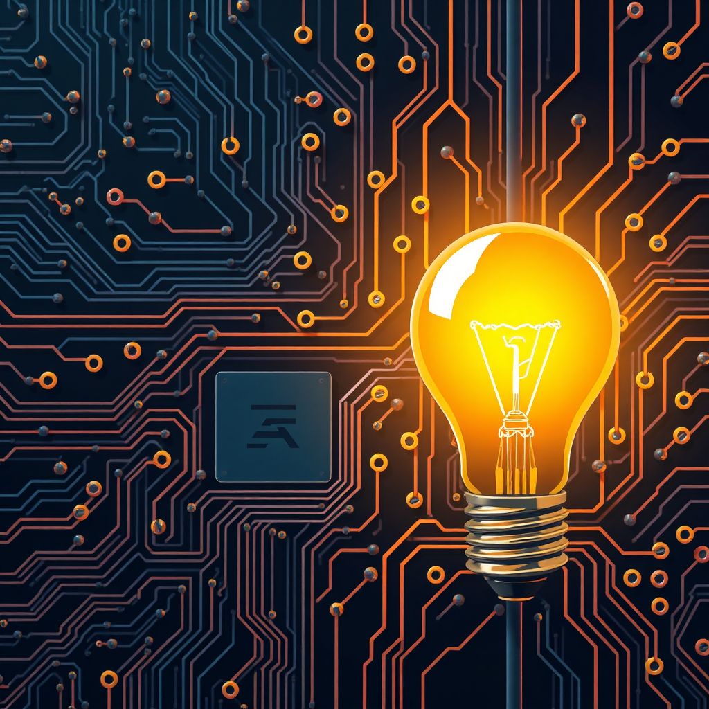 A stylized image of a lightbulb illuminating a complex circuit board. The lightbulb represents innovation, and the circuit board represents the interconnectedness of business challenges. Style reference: technology illustrations, symbolic imagery. Technical specs: 4K resolution, high quality.