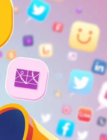 A stylized image of a megaphone projecting digital product icons towards a diverse group of online users. The background features a network of social media platforms. The color palette should be vibrant and attention-grabbing, using shades of orange, yellow, and purple. The camera angle should be dynamic and energetic, conveying the idea of broad reach and impact. 4K resolution, high quality.