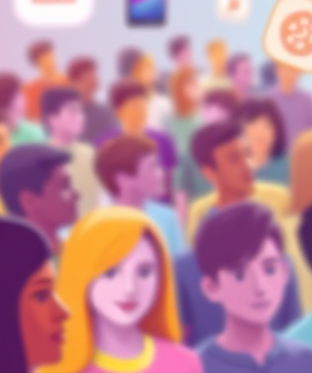 A stylized image of a megaphone projecting digital product icons towards a diverse group of online users. The background features a network of social media platforms. The color palette should be vibrant and attention-grabbing, using shades of orange, yellow, and purple. The camera angle should be dynamic and energetic, conveying the idea of broad reach and impact. 4K resolution, high quality.