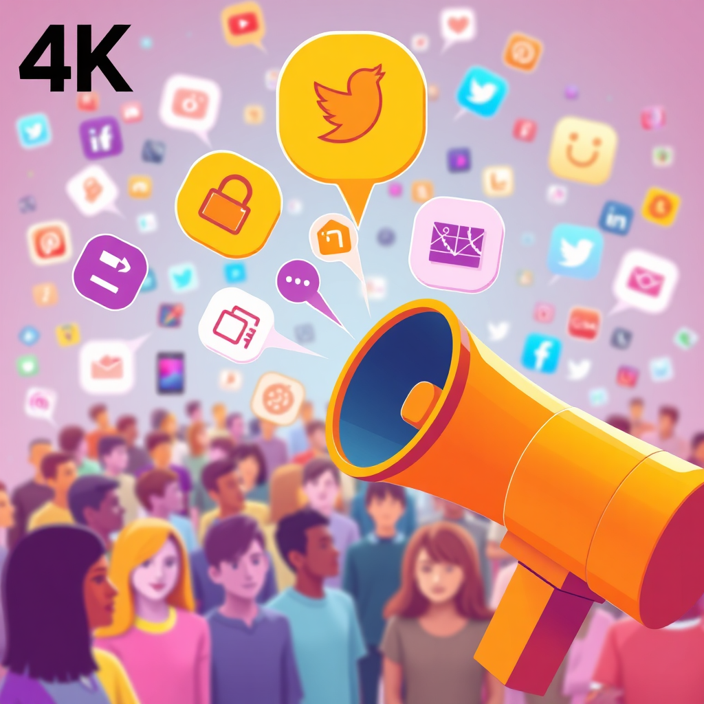 A stylized image of a megaphone projecting digital product icons towards a diverse group of online users. The background features a network of social media platforms. The color palette should be vibrant and attention-grabbing, using shades of orange, yellow, and purple. The camera angle should be dynamic and energetic, conveying the idea of broad reach and impact. 4K resolution, high quality.