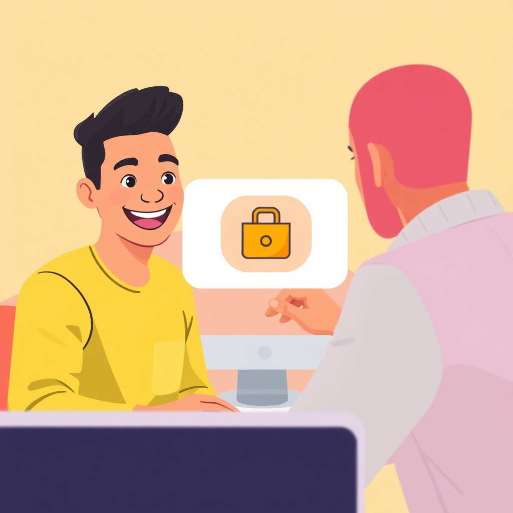 A stylized image of a smiling customer receiving a digital product icon through a computer screen. The background should be bright and welcoming, with a focus on positive interactions. The color palette should be warm and friendly, using shades of yellow, orange, and pink. The camera angle should be eye-level, capturing the connection between the seller and the buyer. 4K resolution, high quality.