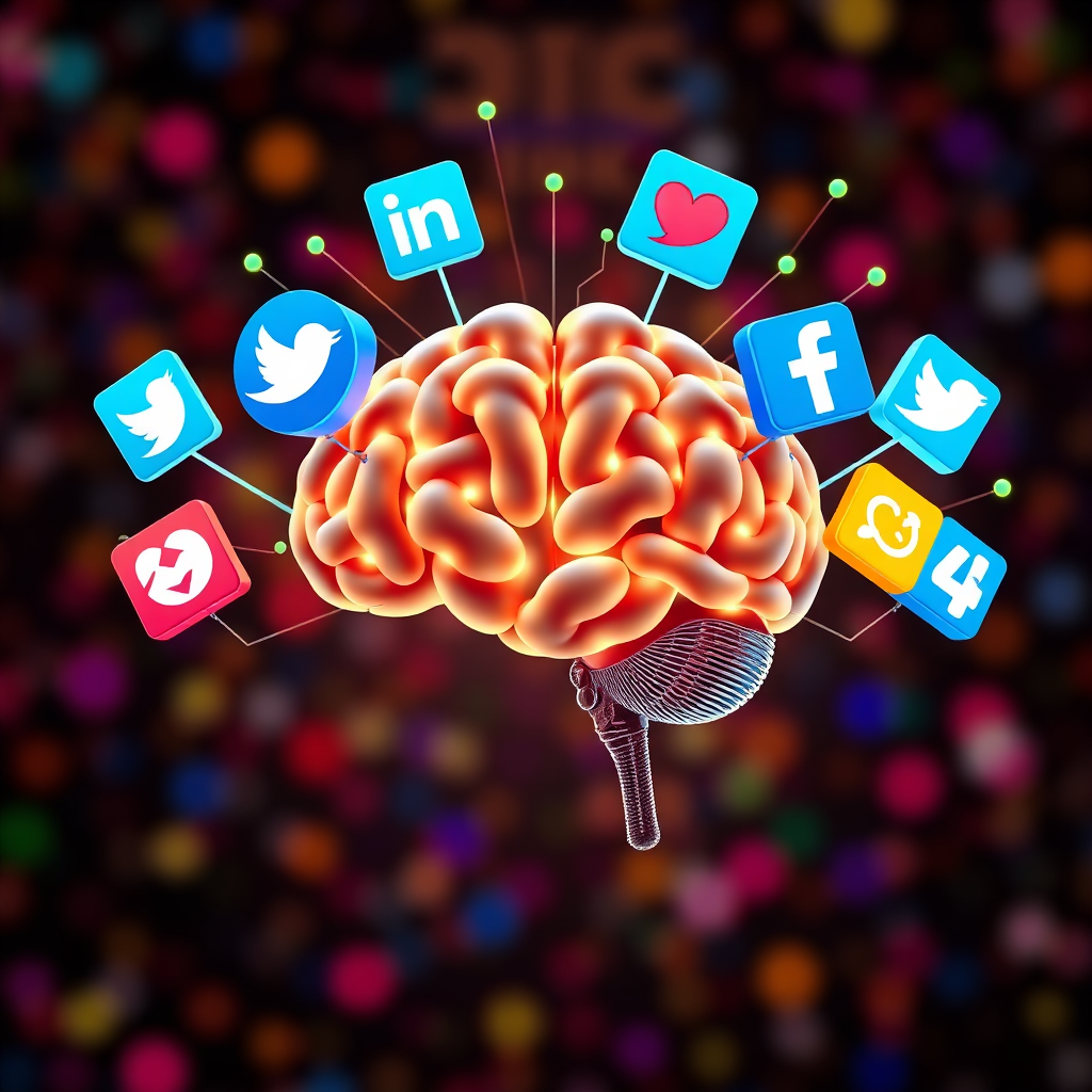 A stylized image of a social media feed being managed by an AI brain. The AI brain is represented by glowing circuits. Different social media logos are floating around the brain, indicating it's managing different platforms. The background is a vibrant mix of colors, representing the diversity of social media content. 4K resolution, vibrant colors.