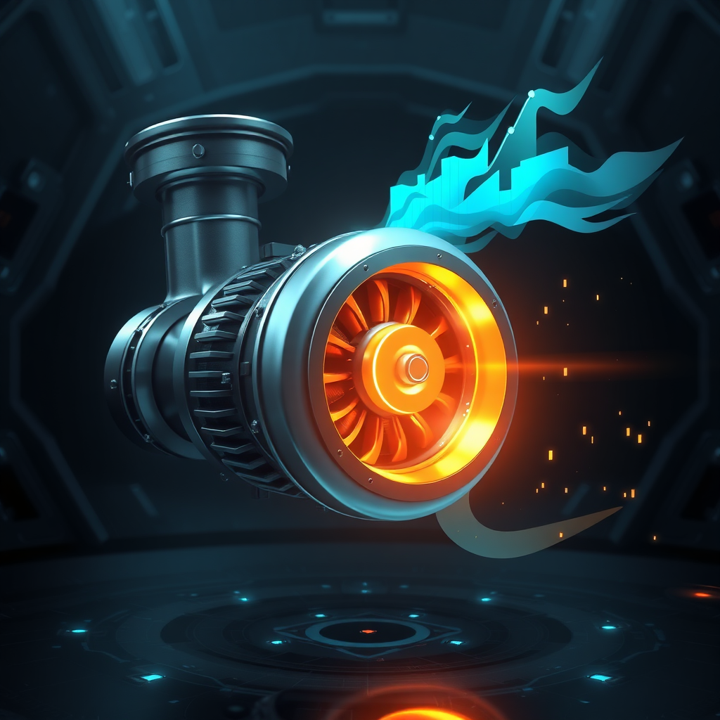 A stylized image of a stylized turbine engine, but instead of burning fuel, it's processing abstract representations of business challenges (e.g., charts, graphs, data points). The turbine is glowing with a bright, energetic light. The background is dark and futuristic. Style reference: sci-fi concept art, abstract machinery. Technical specs: 4K resolution, high quality.
