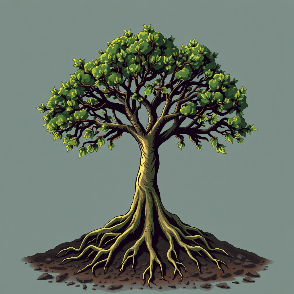 A stylized image of a tree with deep roots anchoring it firmly in the ground. The tree is thriving despite being in a harsh environment. The image symbolizes sustainability and resilience. Style reference: nature photography, symbolic illustrations. Technical specs: 4K resolution, high quality.