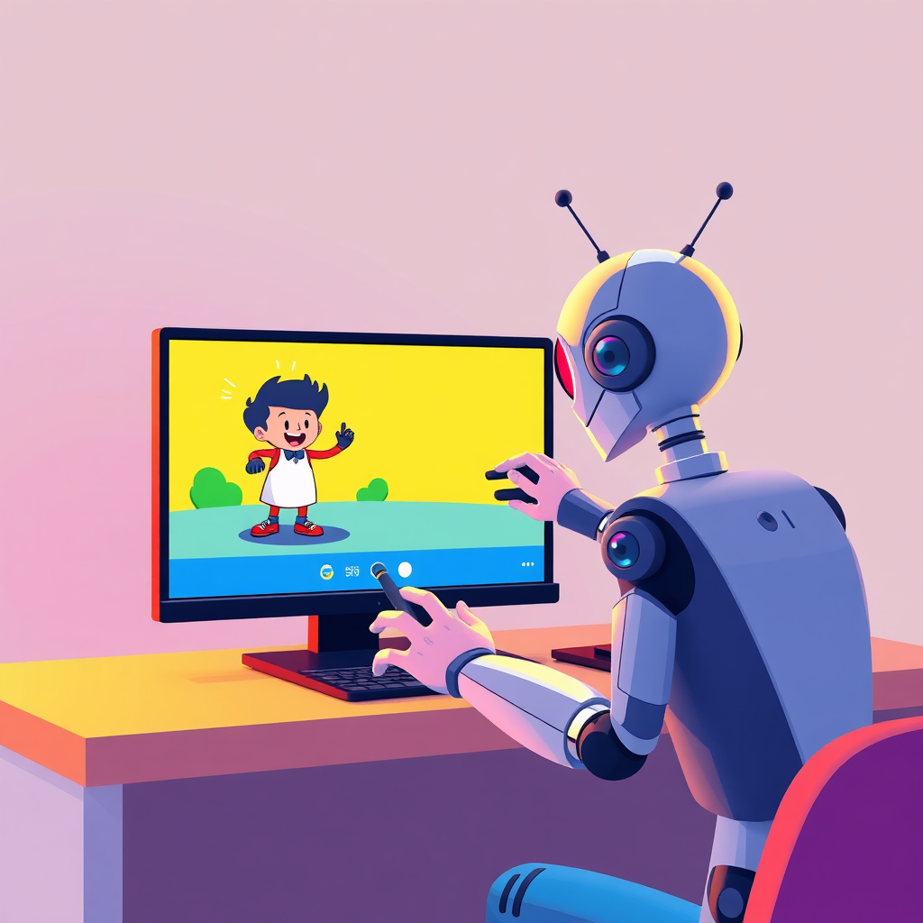 A stylized image of an AI animating a character on a screen. The animation is vibrant and eye-catching, showcasing the AI's creative capabilities. The color palette is bright and playful, using primary colors to evoke a sense of fun and accessibility. The composition is dynamic and engaging, highlighting the ease of animation creation.