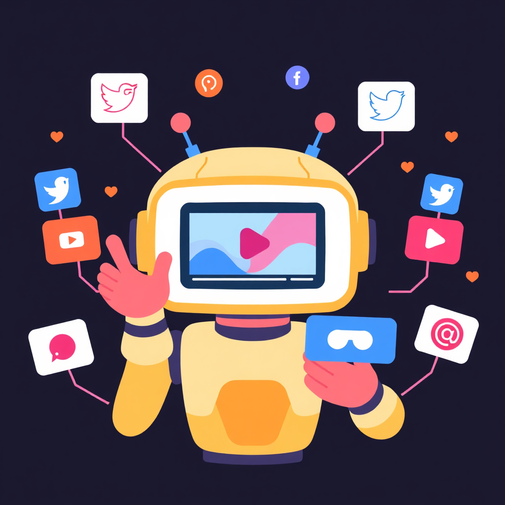 A stylized image of an AI promoting a video on various social media platforms. The video is being shared across multiple channels, reaching a global audience. The color palette is vibrant and dynamic, using different colors to represent each platform. The composition is engaging and energetic, highlighting the AI's promotional capabilities.