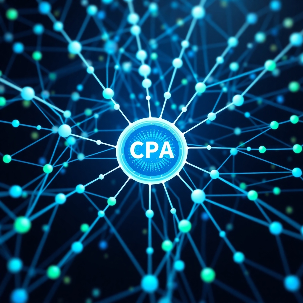 A stylized image representing the core of 'CPA Loophole.' The subject is a complex network of interconnected nodes and lines, symbolizing the intricacies of CPA marketing. In the center, a bright, glowing 'core' represents the 'loophole' or key strategy. Use a clean and modern design with a color palette of vibrant blues, greens, and whites. The nodes and lines could represent data points and connections between publishers and advertisers. Add subtle animations or motion graphics to make the image dynamic and engaging. Camera angle: overhead view, focusing on the central 'core'. Style reference: modern data visualization and abstract digital art. Technical specs: 4K resolution, high-quality rendering with attention to detail.