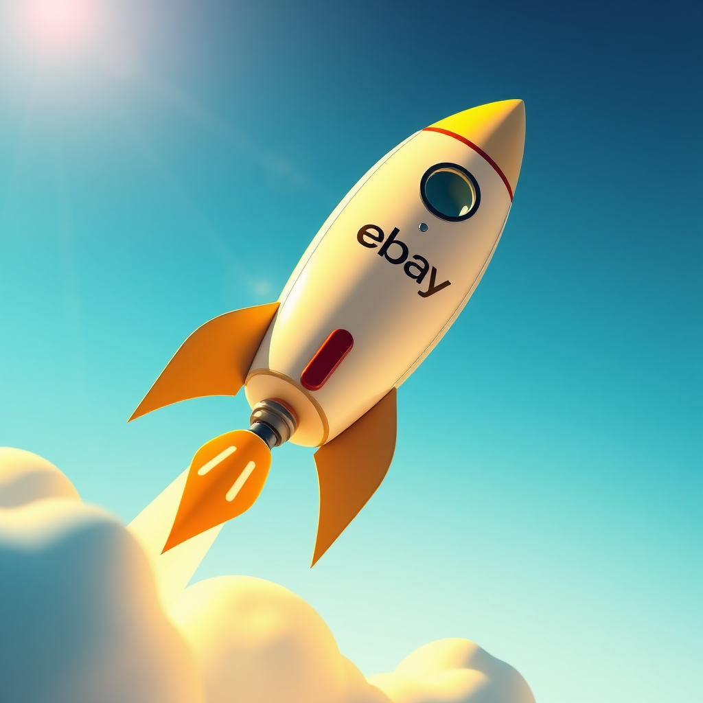 A stylized image representing the concept of automated e-commerce success. The composition features a stylized rocket ship launching upwards, symbolizing growth and achievement. The rocket ship is adorned with subtle Amazon and eBay logos. Lighting should be dynamic, with bright highlights and soft shadows. The color palette should be vibrant and optimistic, with a blend of blues, greens, and yellows. Camera angle should be low, emphasizing the upward trajectory of the rocket ship. Texture details should include smooth, metallic surfaces and stylized flames. The environment should be a minimalist, abstract space. Style: Modern, graphic, and inspirational. 4K resolution, high quality.