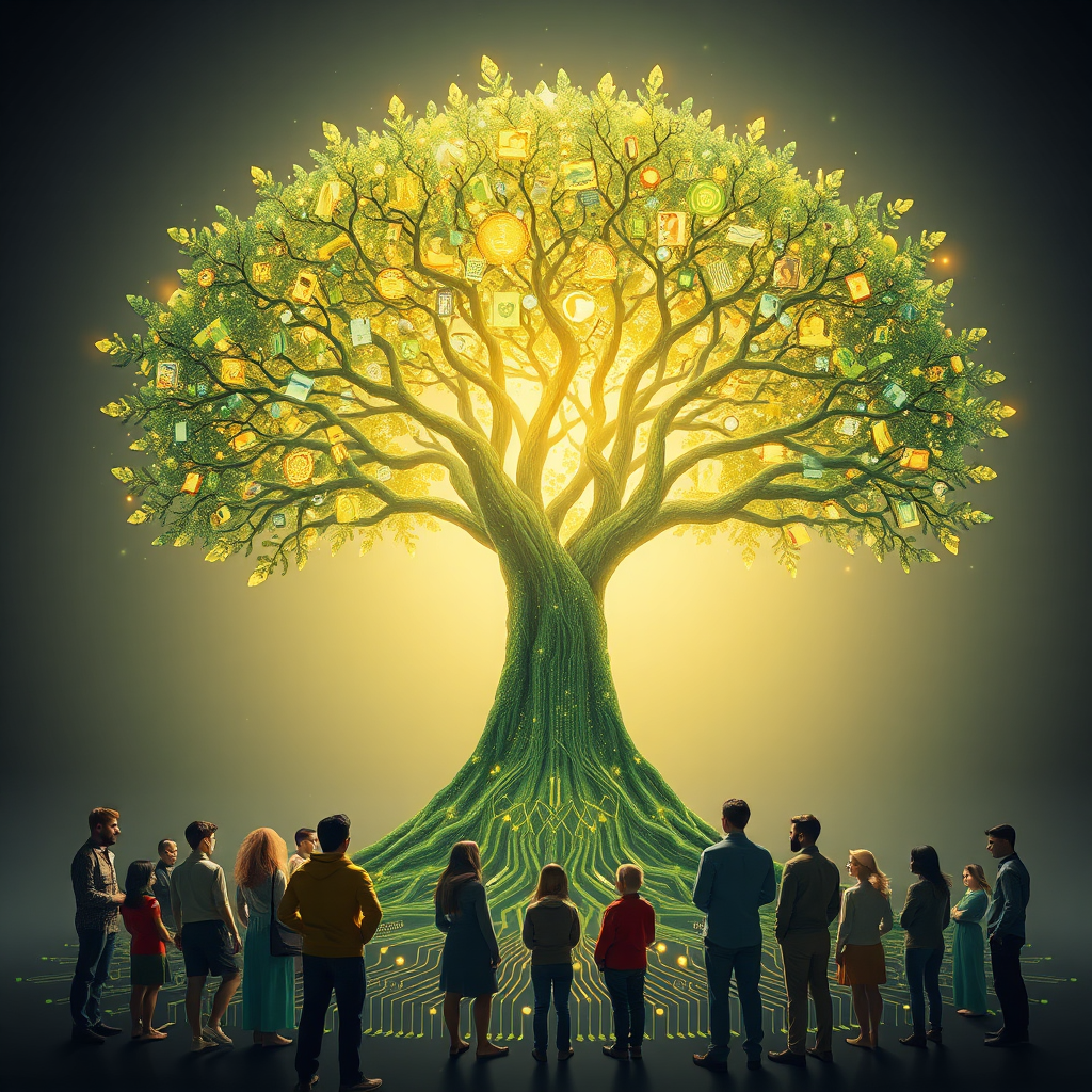 A stylized image representing the transformative power of AI Art Profit Protocol 2025. The image depicts a blossoming digital tree with branches made of intricate AI-generated artwork, symbolizing growth and wealth. The base of the tree is rooted in a network of interconnected circuits, representing the technology driving the protocol. A diverse group of individuals stands around the tree, bathed in a warm, inviting light. The color palette is vibrant, featuring greens, golds, and blues. The camera angle is a medium shot, capturing the entire tree and surrounding individuals. Textures are smooth and polished, with subtle hints of digital patterns. The environment suggests a harmonious blend of nature and technology. Style references include digital art and fantasy illustrations. 4K resolution, high quality.