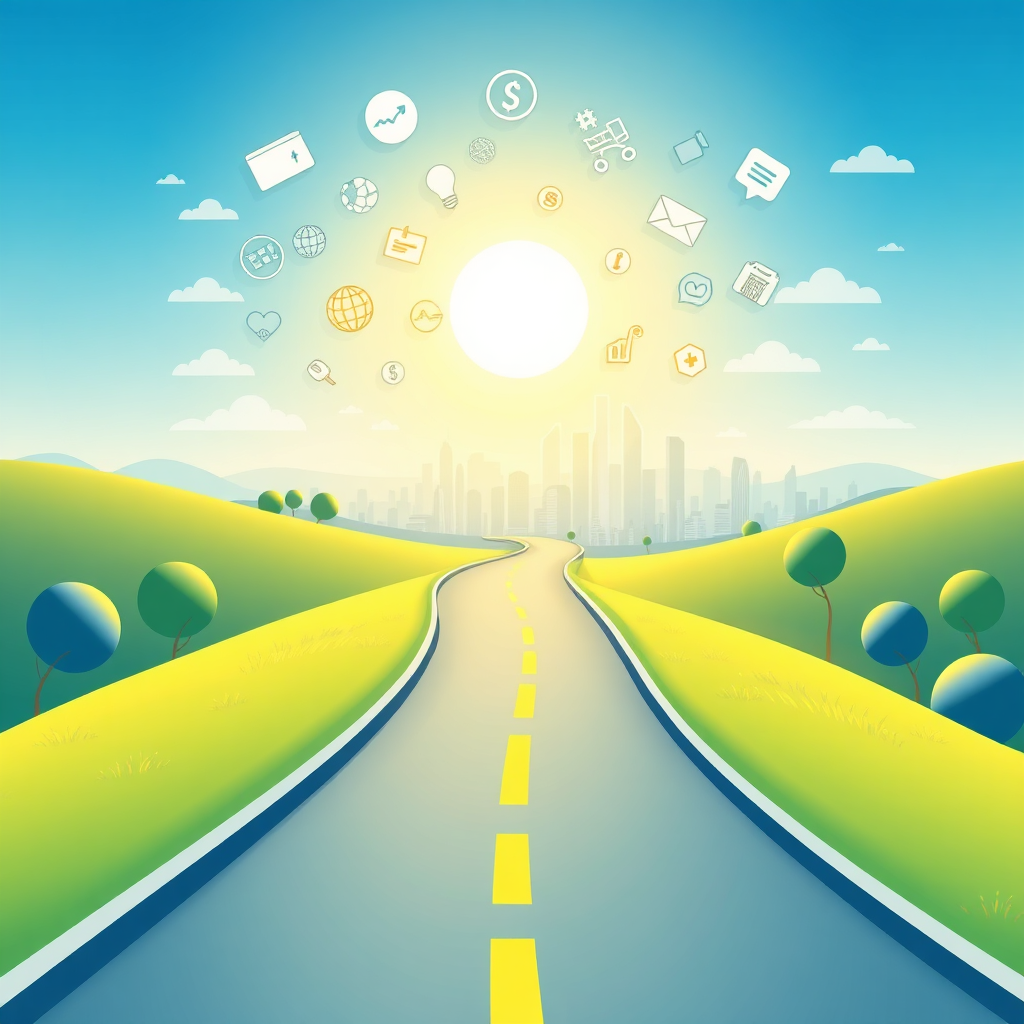 A stylized image representing the core mission of 'Click. Sell. Profit: The Link Selling Blueprint'. Depict a winding road leading towards a bright, futuristic cityscape. The road should be paved with clickable links, each link emitting a subtle glow. The cityscape represents financial success and freedom. Include stylized icons representing various online platforms and e-commerce stores in the sky above the city. The color palette should be optimistic, featuring bright blues, greens, and yellows. The lighting should be soft and inviting. A slightly high camera angle would capture the expansive landscape. Style references: Modern, clean design with a touch of futuristic optimism. Technical specs: 4K resolution, high-quality rendering with smooth gradients and sharp details.