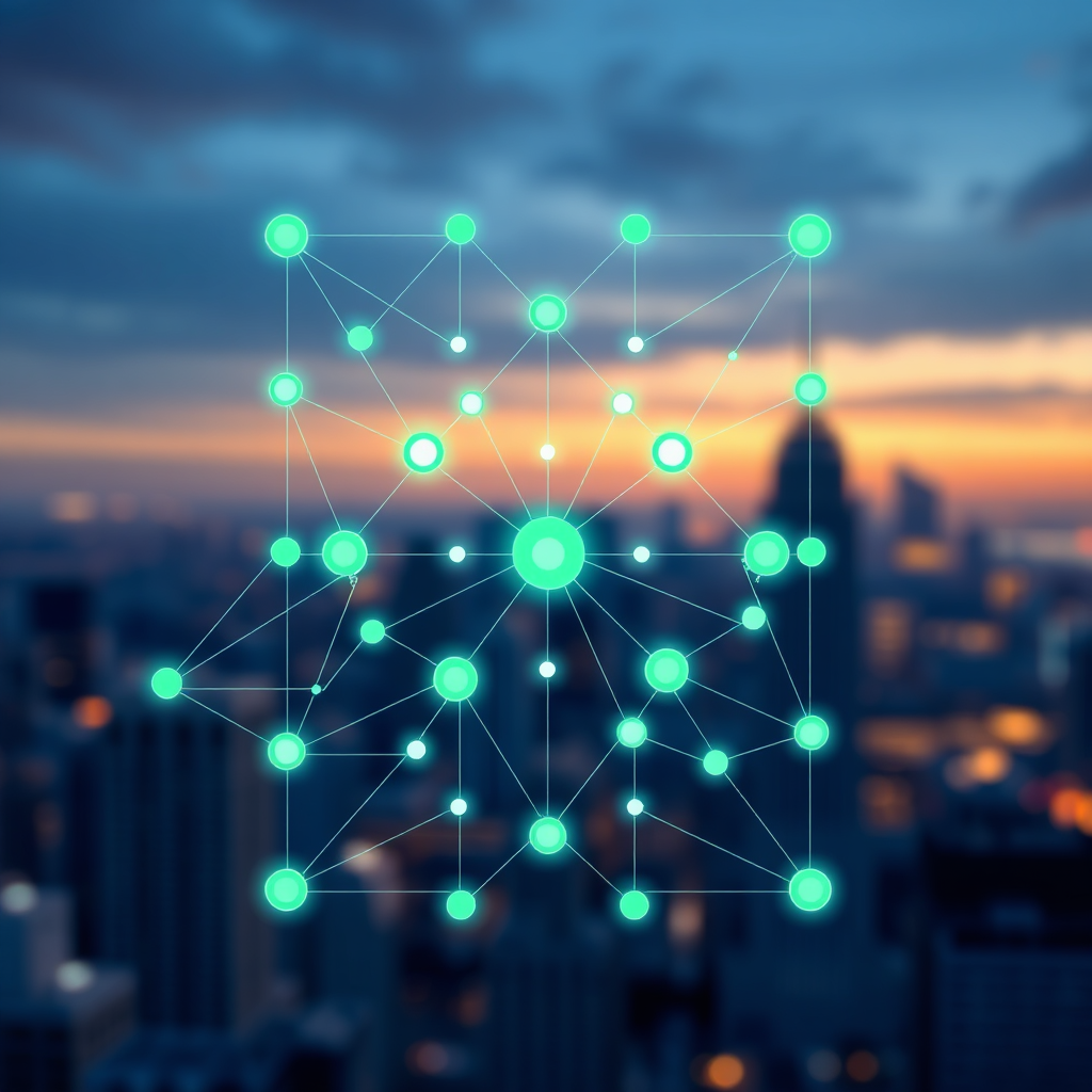 A stylized image representing the core concept of Silent Hustle Matrix. The composition should feature interconnected nodes forming a matrix, symbolizing a network of AI-powered income streams. The color palette should consist of vibrant greens and blues, representing growth and innovation. The nodes should glow softly, conveying the idea of passive income generation. The background should be a blurred cityscape, suggesting the endless possibilities of the digital world. The image should evoke feelings of empowerment, innovation, and financial freedom. Style references include geometric abstraction and digital art. 4K resolution, high quality.