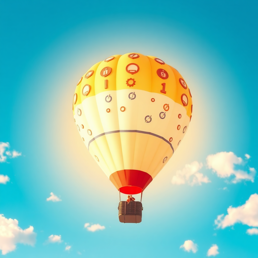 A stylized image representing the ascent of a hot air balloon, symbolizing a website's ranking climbing in search results. The hot air balloon is adorned with link icons. The background should be a clear blue sky with scattered clouds. The color palette should be bright and optimistic. The lighting should be warm and inviting. The camera angle should be slightly below the hot air balloon, emphasizing its height. Style references: Infographic with a touch of fantasy. Technical specs: 4K resolution, high-quality rendering with smooth gradients.