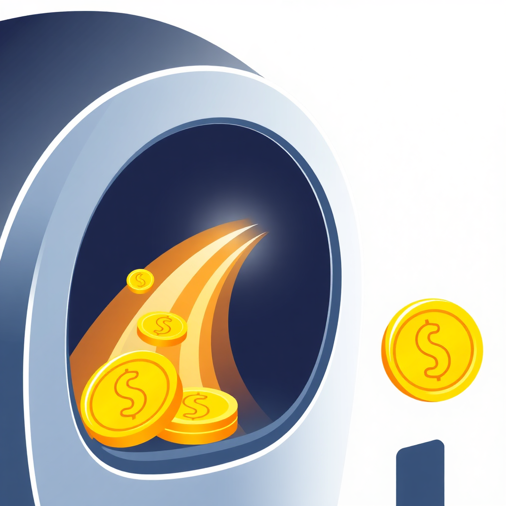 A stylized image representing traffic flowing into a gold coin dispenser. The traffic is depicted as a stream of light entering the machine, and gold coins are dispensed at the other end. The machine should be sleek and modern, symbolizing efficiency and automation. Use warm, inviting colors for the gold coins and cool, energetic colors for the traffic stream. Style: Clean, simple, and visually appealing.