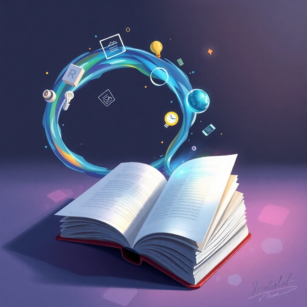 A stylized image representing a flowing stream of ideas transforming into a finished book, symbolizing the creation process. This image should be digitally painted with soft textures and lighting. It should be vibrant and visually engaging, conveying a sense of creativity.