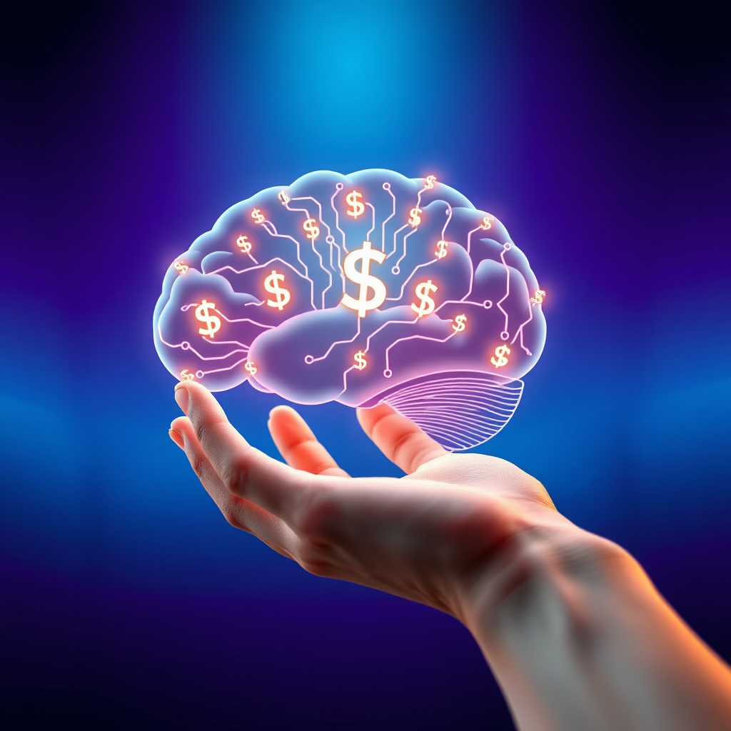 A stylized image representing 'AI Side Hustle Secrets: Earn $200/Day with Zero Tech Skills'. The scene features a stylized brain made of interconnected circuits, glowing softly. Currency symbols ($) are subtly integrated into the circuit pattern, representing financial gain. A hand, rendered in a clean, minimalist style, reaches towards the brain. The background is a gradient of deep blue and vibrant purple, creating a sense of innovation and possibility. Lighting is soft and diffused, emphasizing the glowing elements. The camera angle is a close-up, focusing on the details of the brain and hand. Inspired by modern technology illustrations and digital art. 4K resolution, high quality.