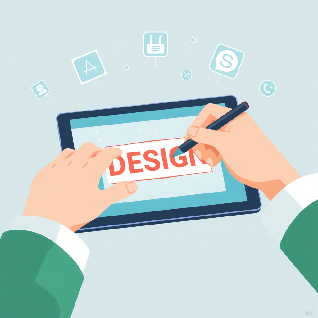 A stylized image showcasing hands crafting a digital design on a tablet using a stylus. The background features a clean, minimalist design aesthetic with digital icons floating around. The color palette should be calming and professional, using shades of blue, green, and white. Focus on showcasing the process of creation and the quality of the end product. 4K resolution, high quality.