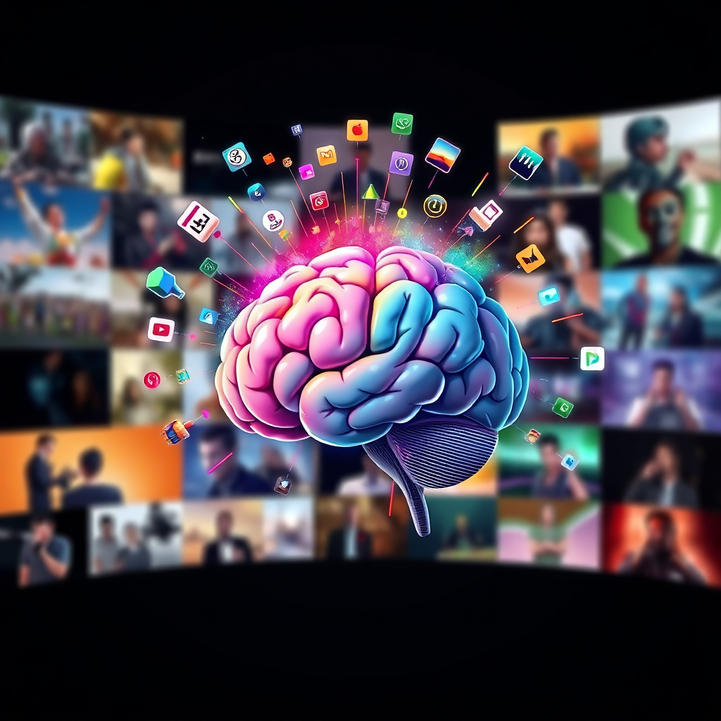 A stylized image showing a brain exploding with creative ideas, representing the boundless possibilities of AI-powered video creation. The background shows a montage of various video genres and styles being brought to life. The color palette is vibrant and imaginative, using a wide range of colors to represent creativity and innovation. The composition is dynamic and inspiring, highlighting the transformative power of AI.