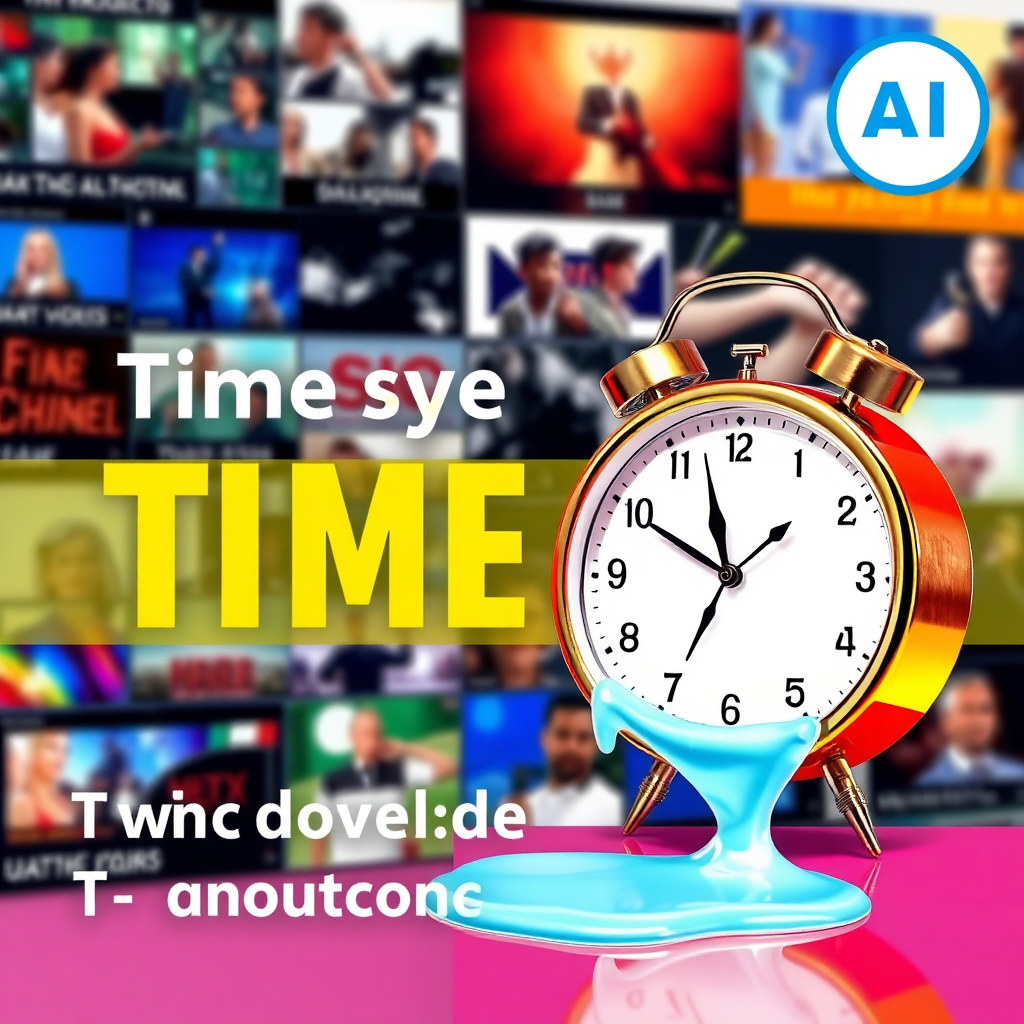 A stylized image showing a clock melting away, representing time saved through AI automation. The background shows a montage of various video production tasks being completed in seconds. The color palette is vibrant and energetic, using bright colors to represent efficiency and speed. The composition is dynamic and engaging, highlighting the transformative power of AI.