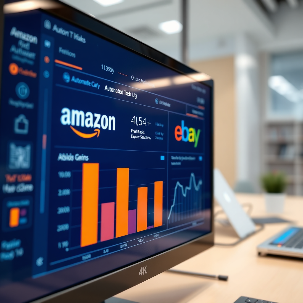 A stylized image showing a user interface with automated tasks between Amazon and eBay. The interface features charts and graphs demonstrating efficiency gains. Lighting: Bright and clean, highlighting the automation features. Color palette: Technological, with blues and oranges. Camera angle: Close-up on the interface. Texture details: Focus on the clarity of the screen, the smooth icons. Environment: Clean, modern workspace. Style: Futuristic automation. 4K resolution, high quality.