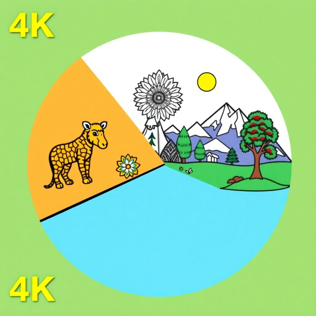 A stylized image showing different coloring book niches—animals, mandalas, nature—represented as distinct segments of a larger pie chart. The colors should be bright and eye-catching. High-quality image, 4K resolution.