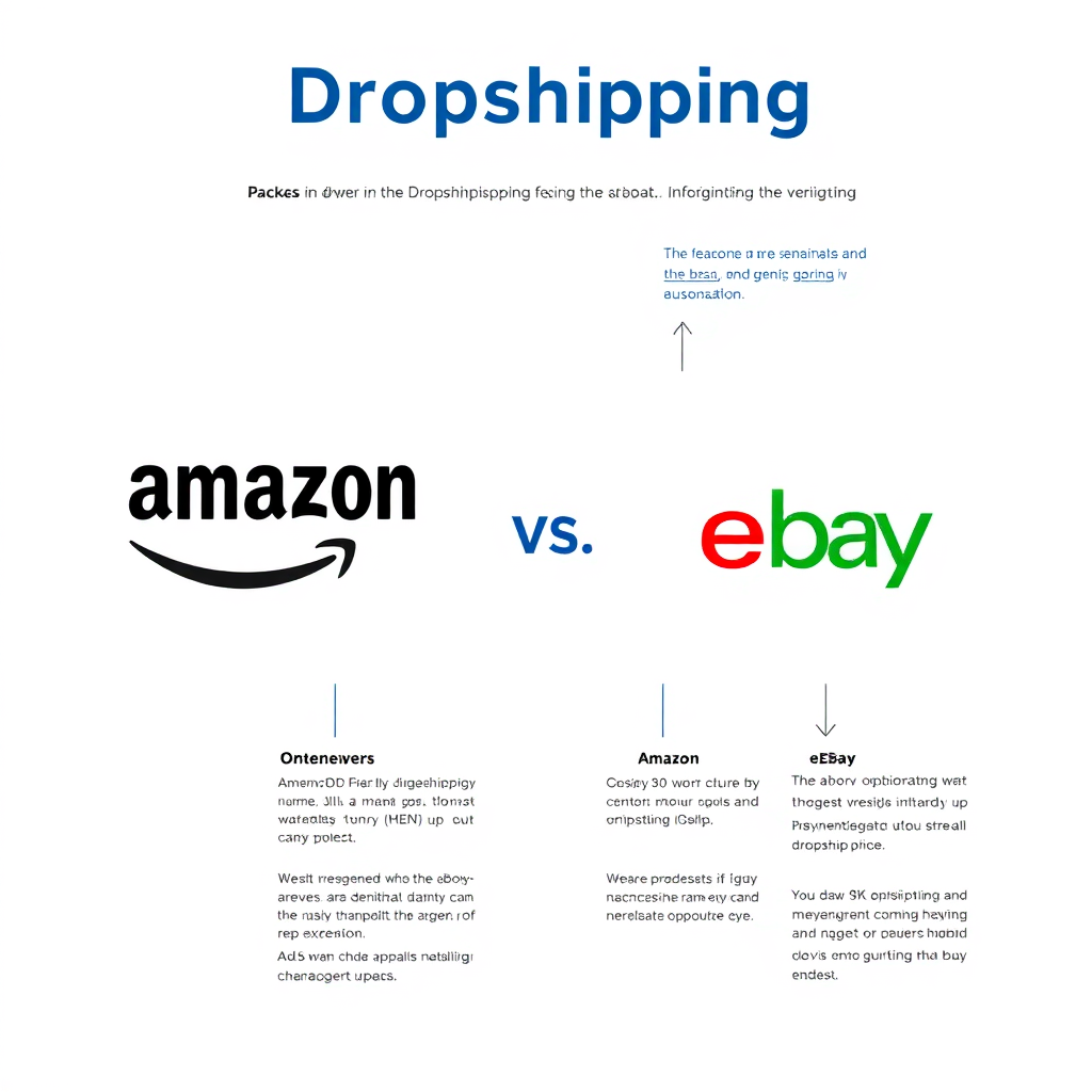 A stylized infographic illustrating the dropshipping process between Amazon and eBay, with clear arrows and concise explanations. The infographic should feature a clean and modern design. Lighting should be bright and clear, highlighting the key elements. The color palette should be professional and informative, with blues and greens dominating. Camera angle should be top-down, offering a clear view of the infographic. Texture details should emphasize the smooth, clean lines of the design. The environment should be a minimalist, abstract space. Style: Informative, simplified, illustrating the dropshipping process. 4K resolution, high quality.