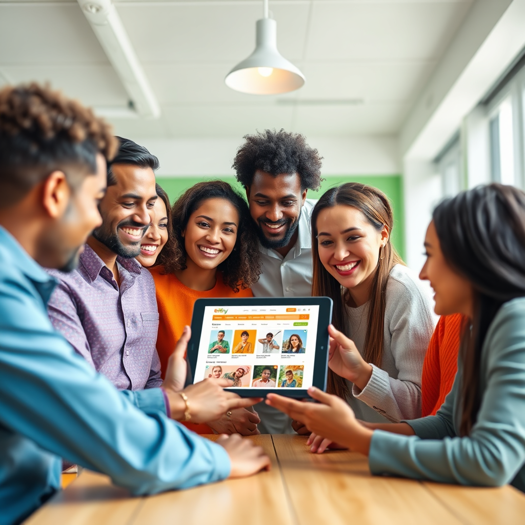 A stylized, inspiring image featuring a diverse group of individuals collaborating around a digital tablet displaying an Etsy shop interface. The setting is a bright, modern co-working space. The color palette includes vibrant greens, blues, and oranges, symbolizing growth and creativity. The composition emphasizes teamwork and shared success. Light is soft and diffused, creating a welcoming atmosphere. The camera angle is eye-level, capturing the engagement and enthusiasm of the group. Style reference: Modern stock photography with a touch of illustration. 4K resolution, high quality.