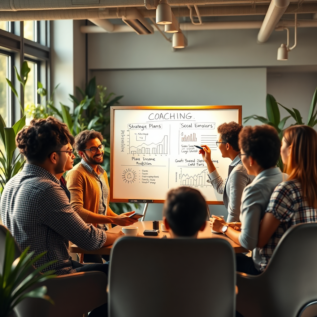 A stylized, inspiring image representing the coaching process. Feature a diverse group of individuals collaboratively working around a digital whiteboard displaying strategic plans and income projections. Use warm, inviting lighting to create a sense of community and empowerment. The setting is a modern, open-plan office space filled with plants and natural light. The overall style should be optimistic and forward-thinking, conveying the idea of growth and shared success. Focus on the expressions of collaboration and achievement. High quality, 4K resolution.