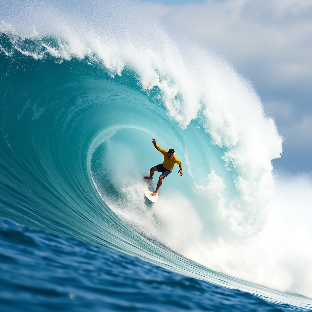 A surfer riding a massive wave, symbolizing the momentum and impact of a viral video. The wave is stylized to resemble social media engagement metrics.