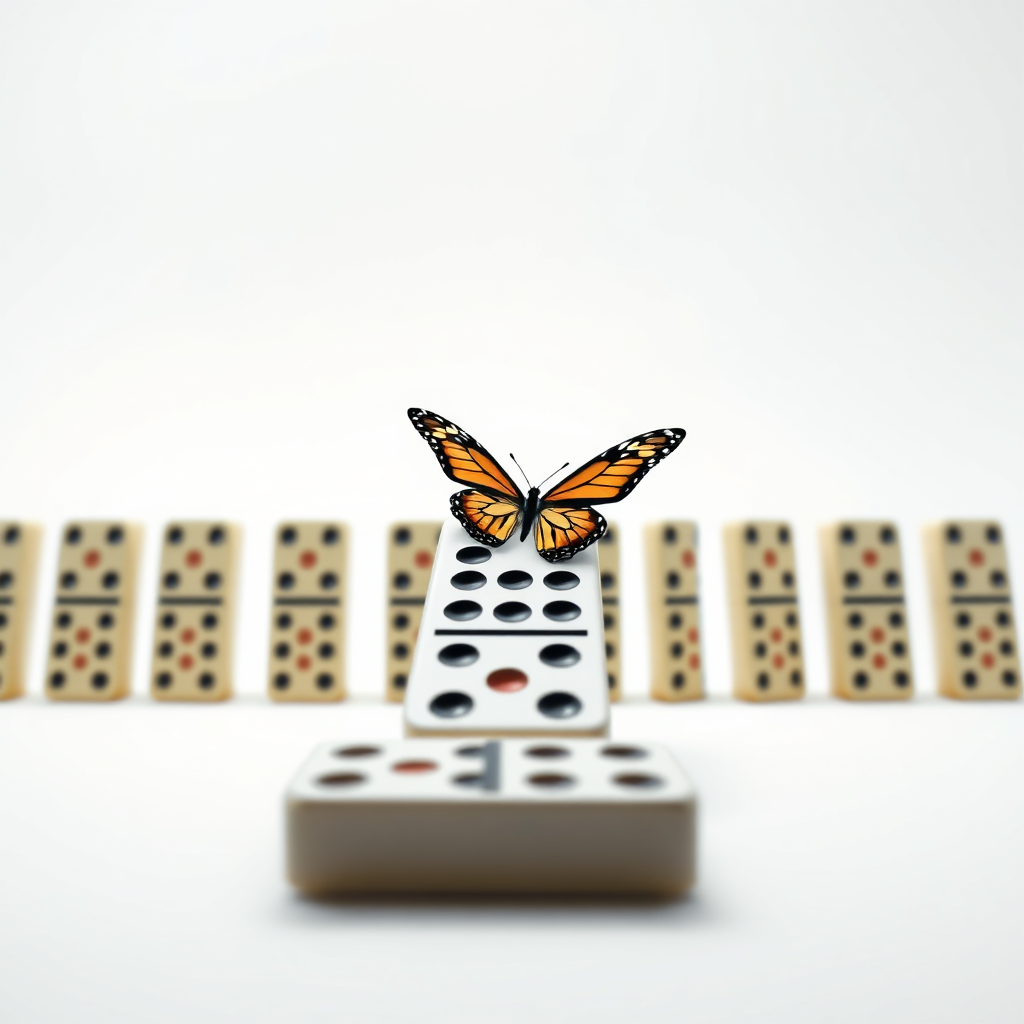 A surreal image of a perfectly ordered line of dominoes, with one domino unexpectedly transforming into a butterfly mid-fall. The background is a minimalist white space. Technical specs: 4K resolution, high quality, sharp focus.