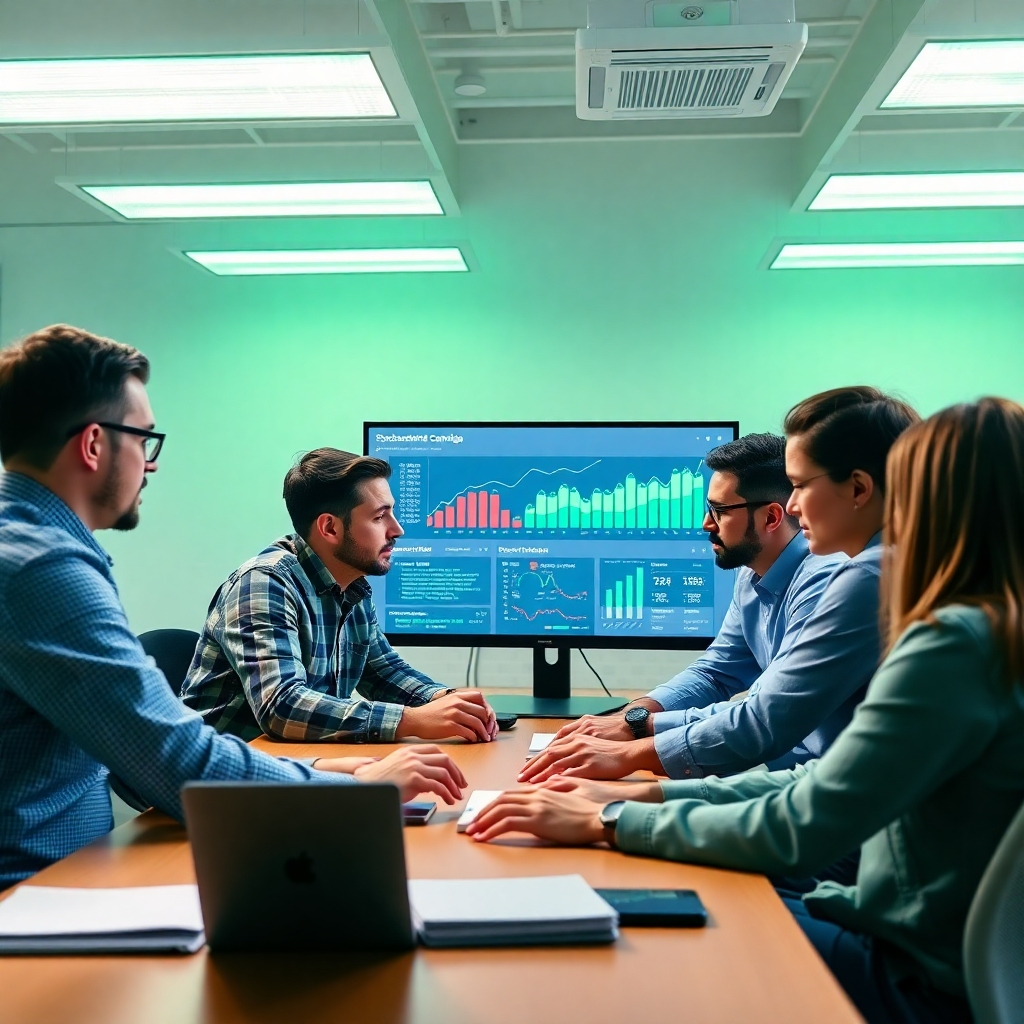 A team of digital marketers working on a complex CPA campaign. The scene should convey efficiency and expertise. The team is actively reviewing data and implementing strategies. Use a color palette of green, blue, and white to represent technology and progress. The lighting should be bright and focused on the team, emphasizing their collaborative effort. Camera angle: wide shot, capturing the entire team and their work environment. The dashboard on the screen shows a successful campaign in progress.