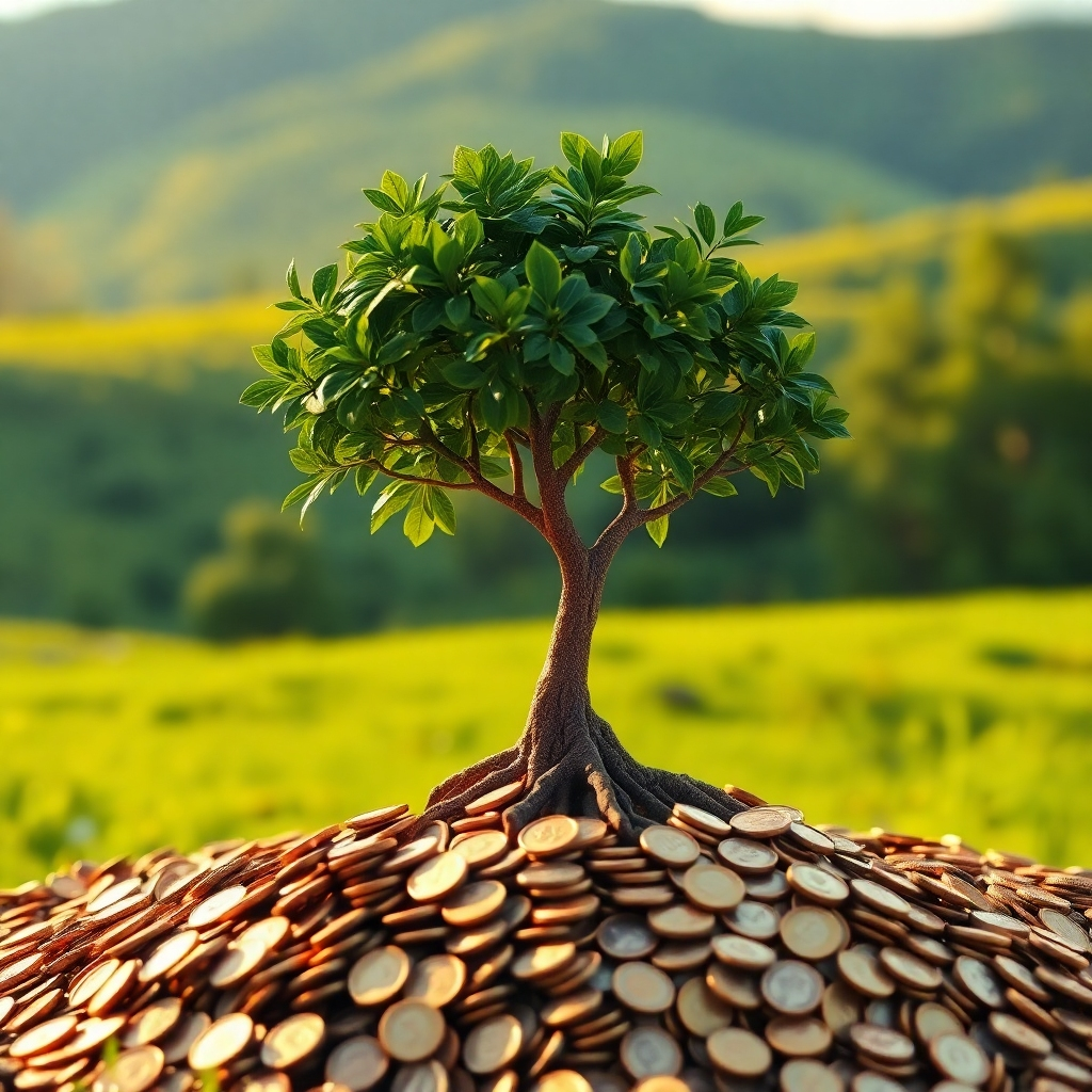 A tree growing from a pile of coins, symbolizing sustainable growth. The tree is strong and healthy, with deep roots representing long-term stability. The background is a lush, green landscape. Use a color palette of green, gold, and brown to represent nature, wealth, and growth. The lighting should be warm and inviting, emphasizing the natural beauty of the scene. Camera angle: low-angle view, emphasizing the height and strength of the tree. Technical specs: 4K resolution, high-quality rendering.