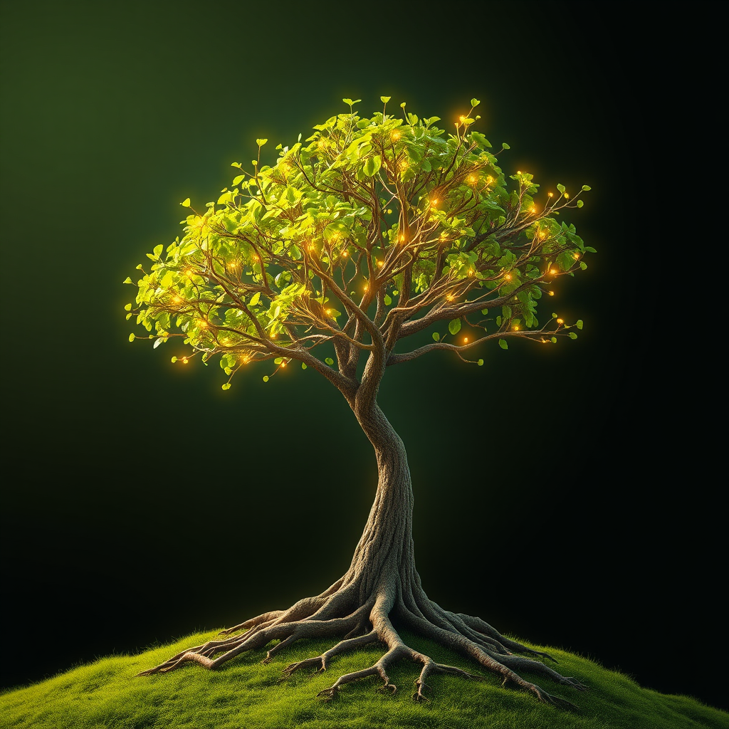 A tree growing rapidly with new branches appearing seemingly out of thin air, symbolizing scalability. The leaves on the tree are represented by glowing, interconnected nodes. The roots of the tree extend deep into the earth, representing a solid foundation. The color palette is vibrant green, with hints of gold and blue. Technical specs: 4K resolution, high quality.