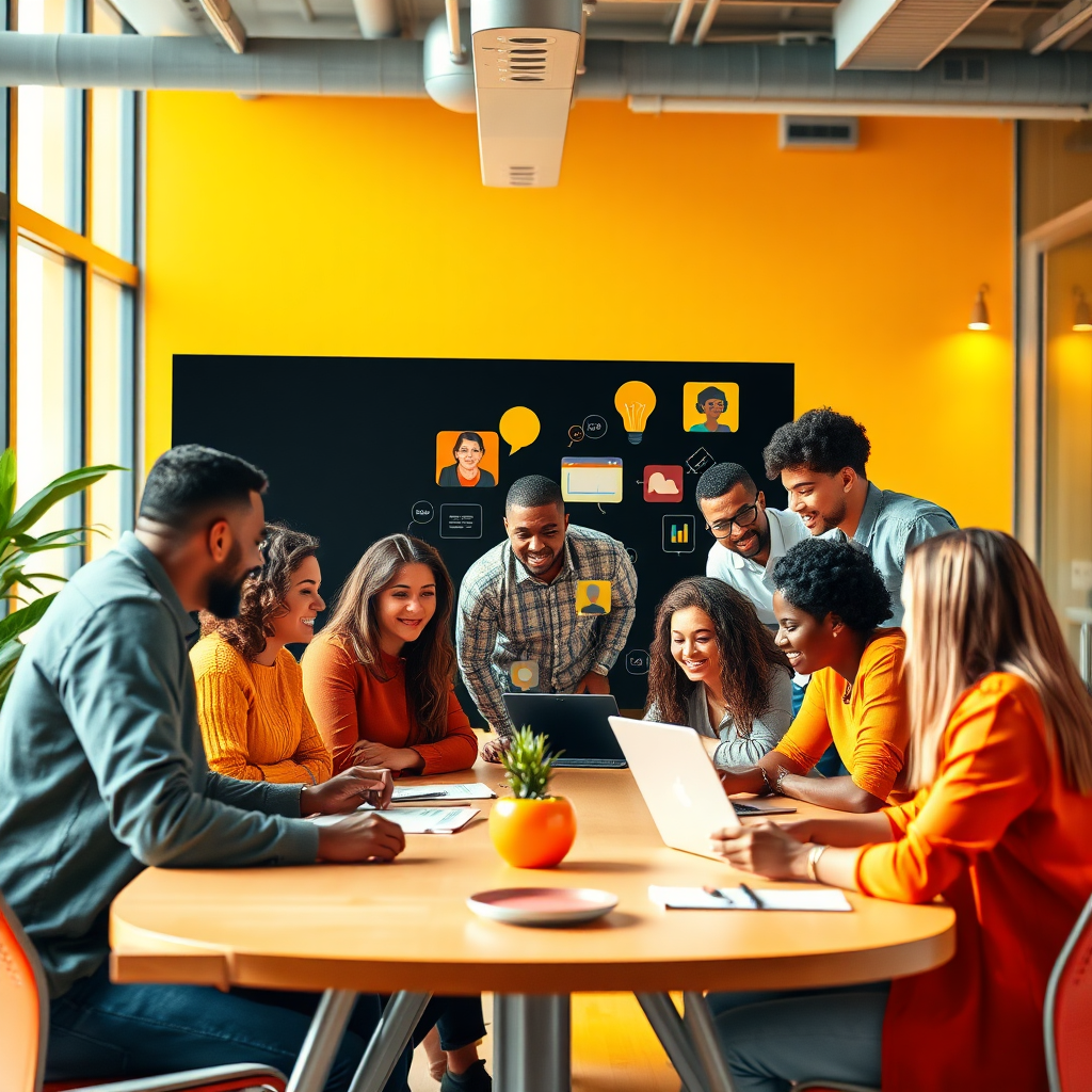 A vibrant and dynamic image featuring a diverse group of people collaborating and sharing ideas around a virtual table. The background should be a modern office space, representing a collaborative environment. The color palette should consist of warm oranges and yellows, creating a sense of connection and belonging. The lighting should be bright and inviting, emphasizing the community's energy and enthusiasm. The image conveys the idea of community, support, and collaboration. 4K resolution, high quality.