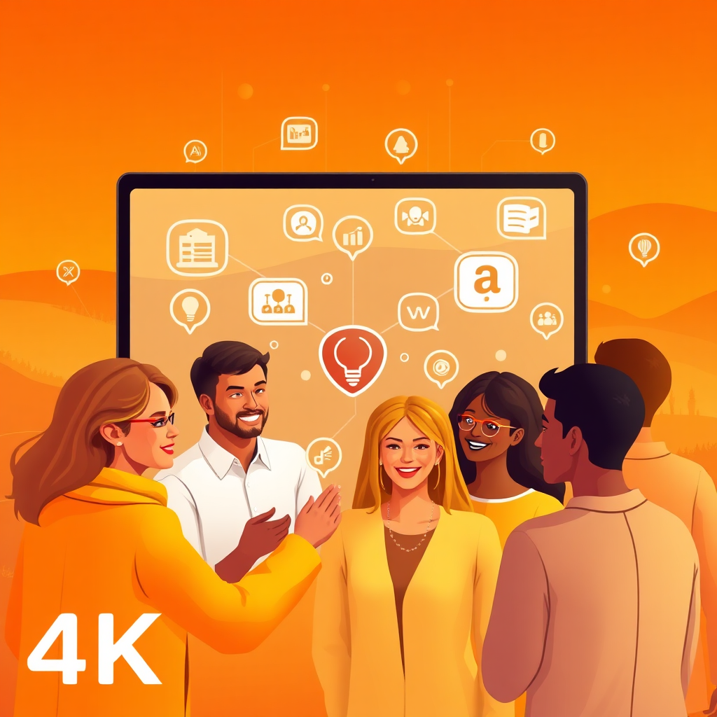 A vibrant and dynamic image featuring a diverse group of people connecting and sharing ideas online, with AI icons symbolizing the community's focus. The background should be a digital landscape, representing the vastness of the online world. The color palette should consist of warm oranges and yellows, creating a sense of connection and belonging. The lighting should be bright and inviting, emphasizing the community's energy and enthusiasm. The image conveys the idea of community, support, and collaboration. 4K resolution, high quality.