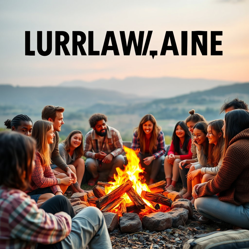 A vibrant image of a diverse group of people gathered around a virtual campfire, sharing stories and connecting with each other. The background is a warm, inviting landscape. Technical specs: 4K resolution, high quality, soft lighting.