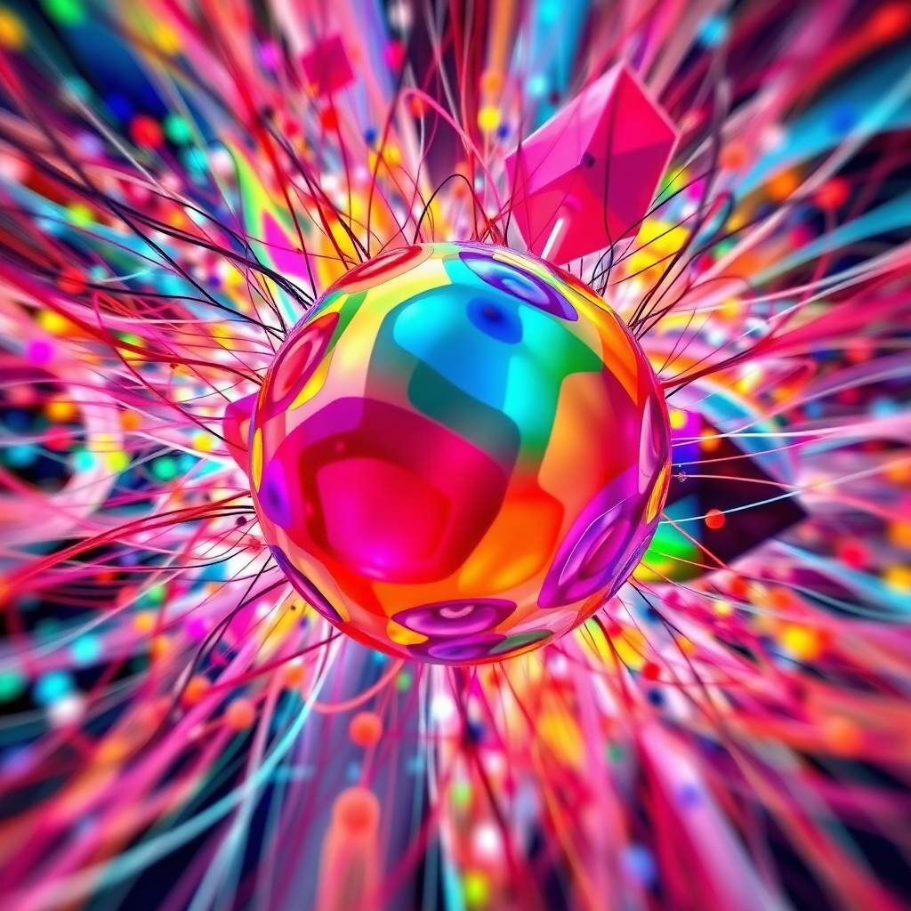 A vibrant, stylized image showcasing the AI art generation process. Neural networks intertwine, creating vibrant abstract patterns and digital paintings. Camera angle is abstract, with colors blending to form shapes. Color palette is vivid and dynamic. 4K resolution, high quality.