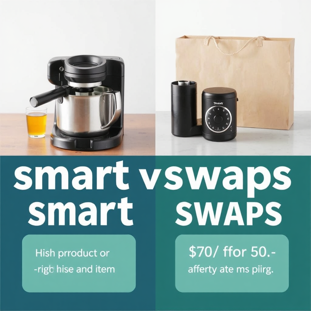 A visual representation of 'smart swaps,' showcasing two sets of products side-by-side: a high-end item versus a more affordable alternative. The image should highlight the similarities in functionality and quality.