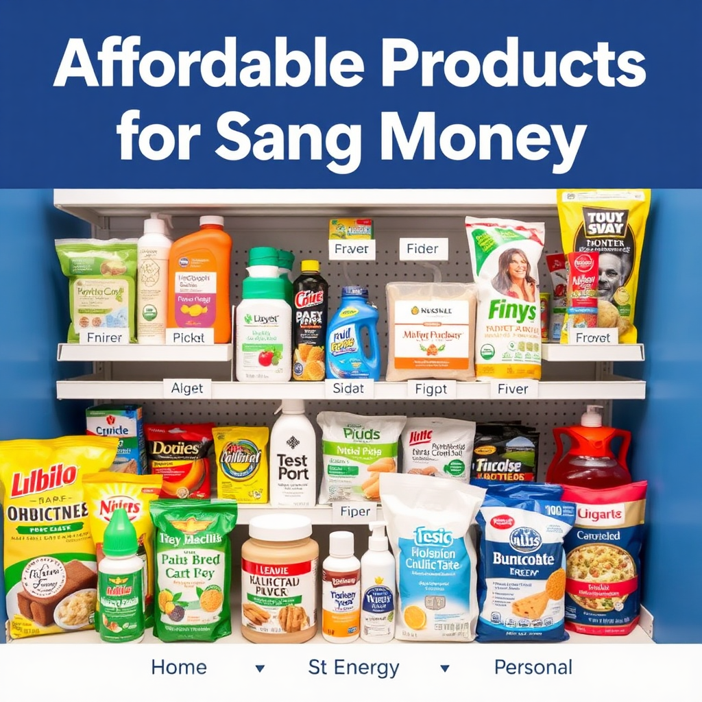 A visually appealing display of various affordable products recommended for saving money, categorized by different areas such as home, energy, and personal care. Each product should be clearly labeled and easily identifiable.