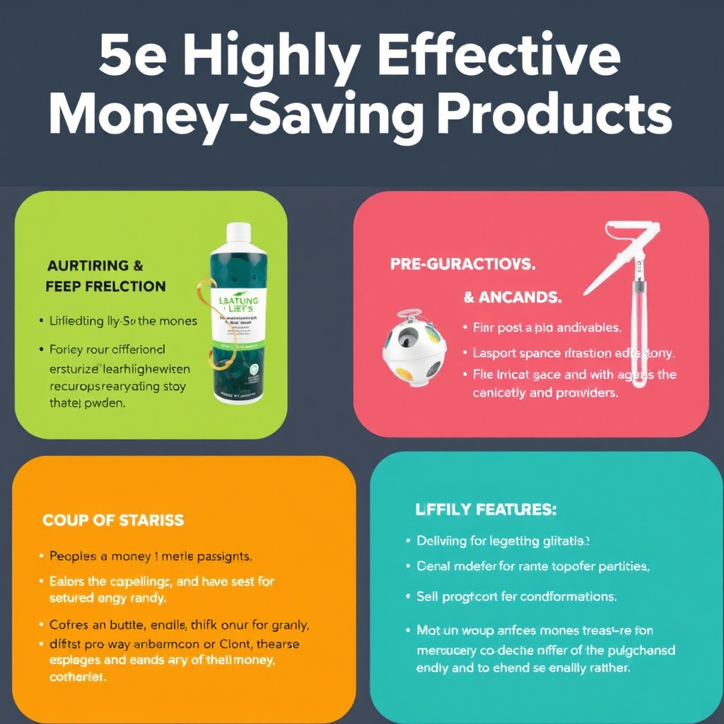 A visually appealing display of five highly effective money-saving products, showcasing their unique features and benefits. The image should be clean, modern, and informative.