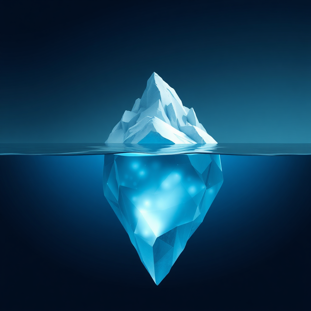 An abstract image representing hidden traffic sources. Visualize an iceberg, with the visible tip representing commonly known traffic methods, and the much larger, submerged portion symbolizing the untapped potential of hidden traffic sources. Use a combination of cool blues and whites for the iceberg and deep blues for the surrounding water. Add subtle glowing effects to the submerged portion to represent the hidden energy and potential. Style: Modern, minimalist, and slightly mysterious.