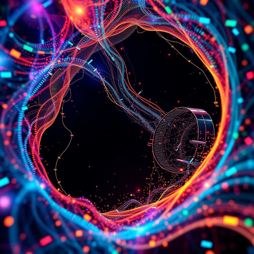 An abstract representation of data streams flowing into a creative canvas, transforming into a viral video reel. The scene highlights the intersection of data and creativity.