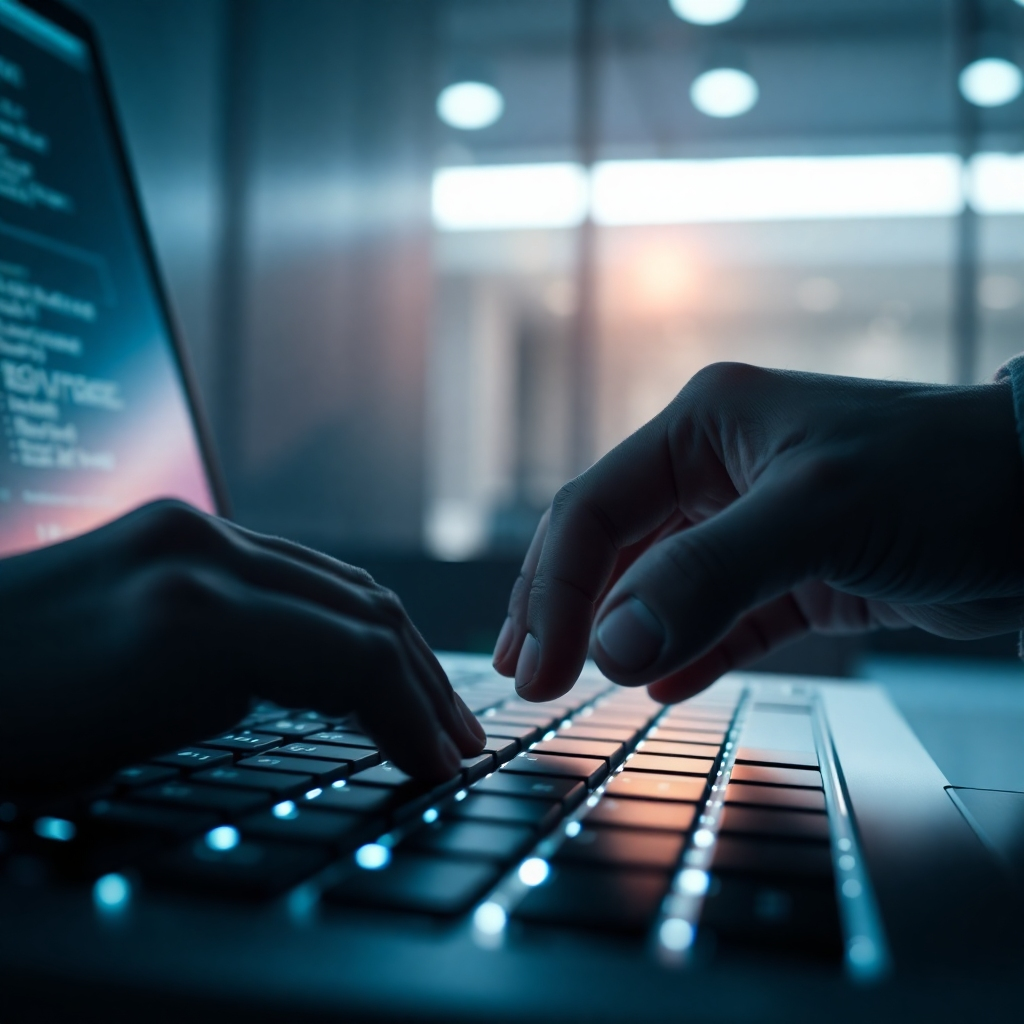  An action shot of a hand hitting a 'hacks' hotkey on a sleek keyboard in a dimly lit professional environment, aligning perfectly with themes of urgency and efficiency. The soft, glowing keyboard illuminates the dark space with cool tones, creating a feeling of modernity. The camera angle is close-up, emphasizing the keys. Technical specs: 4K resolution.